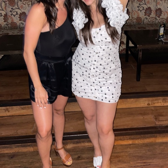 Polka-Dot Ruffled Ruched Silk-like Mini Dress - Picture 4 of 8